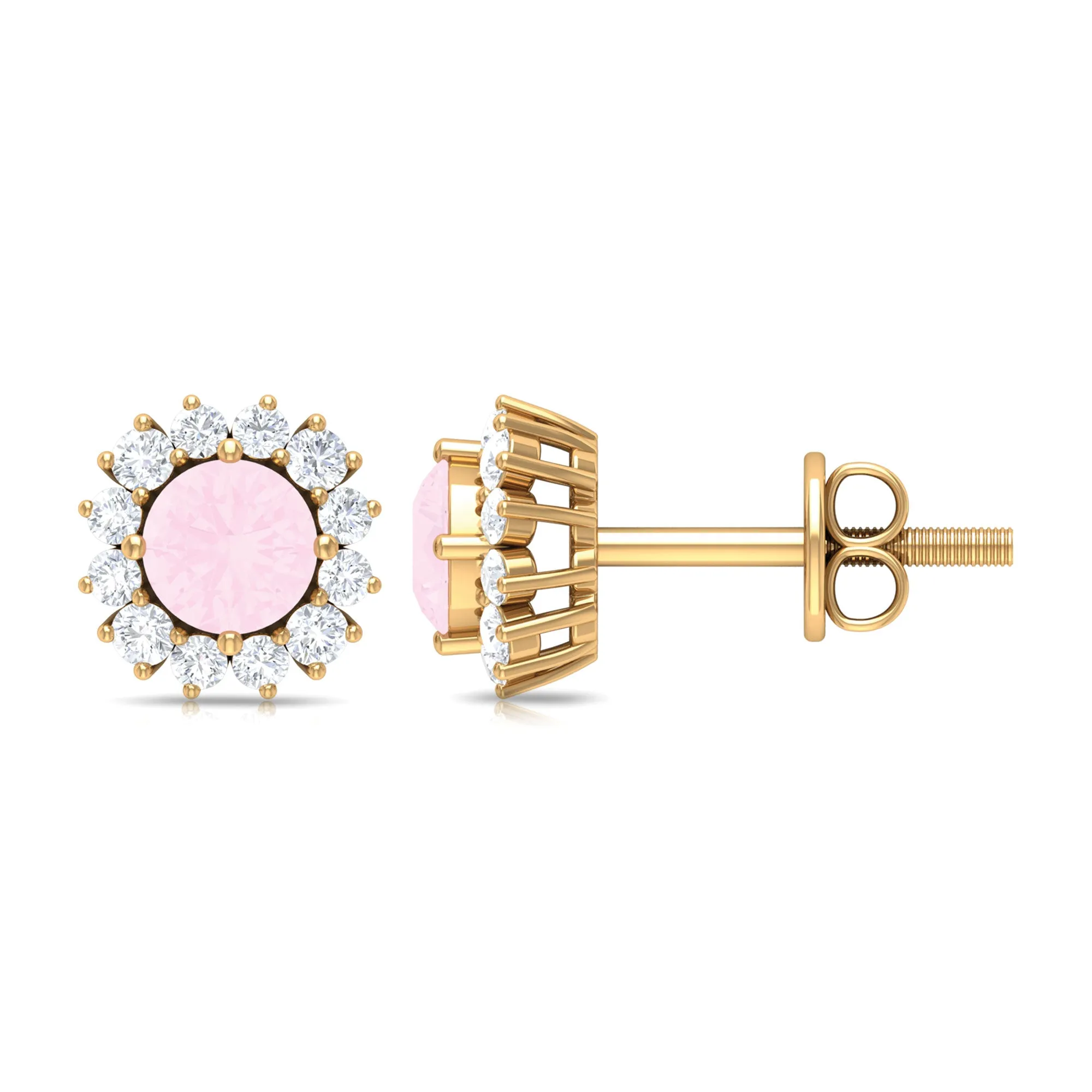 1 CT Classic Rose Quartz and Diamond Halo Stud Earrings