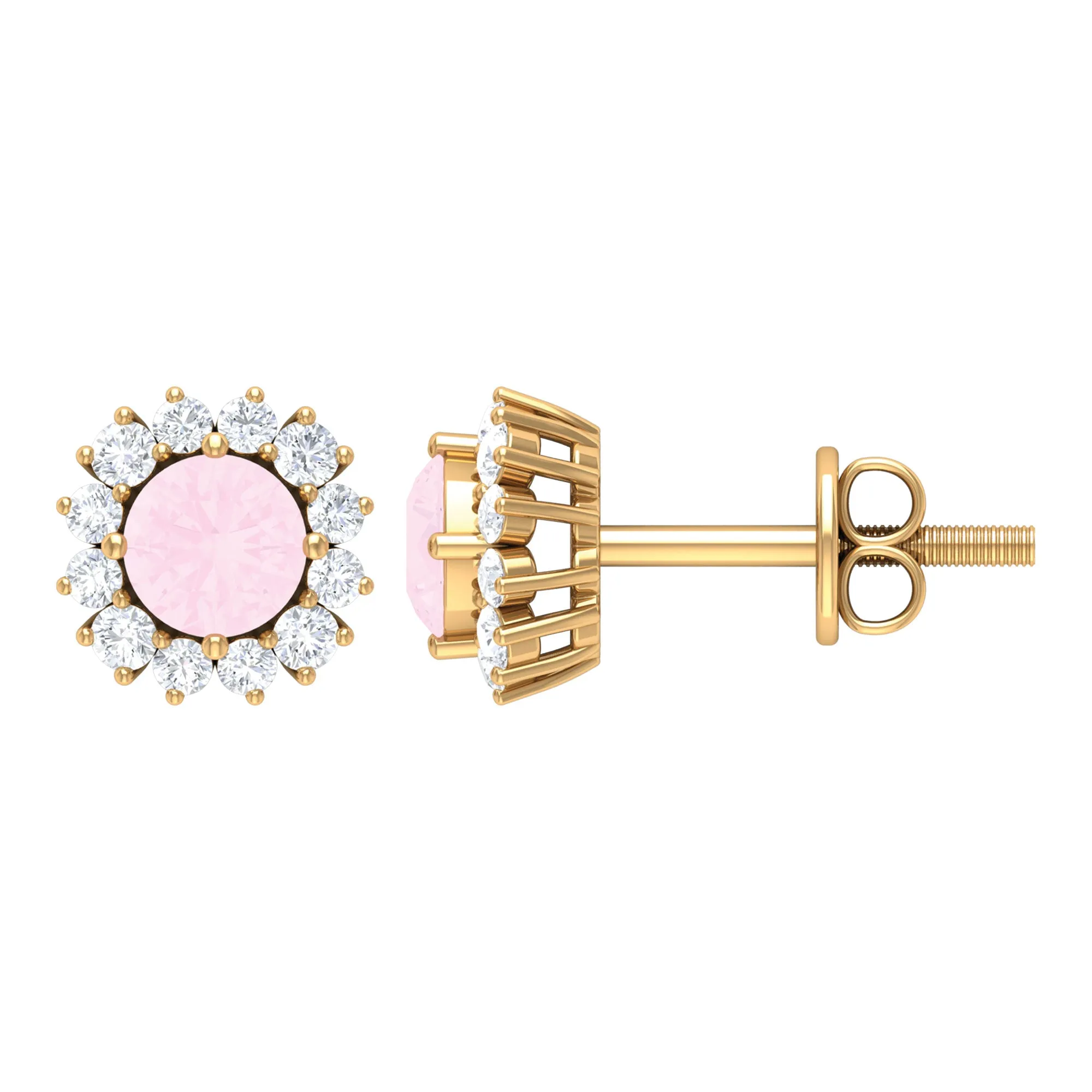 1 CT Classic Rose Quartz and Diamond Halo Stud Earrings