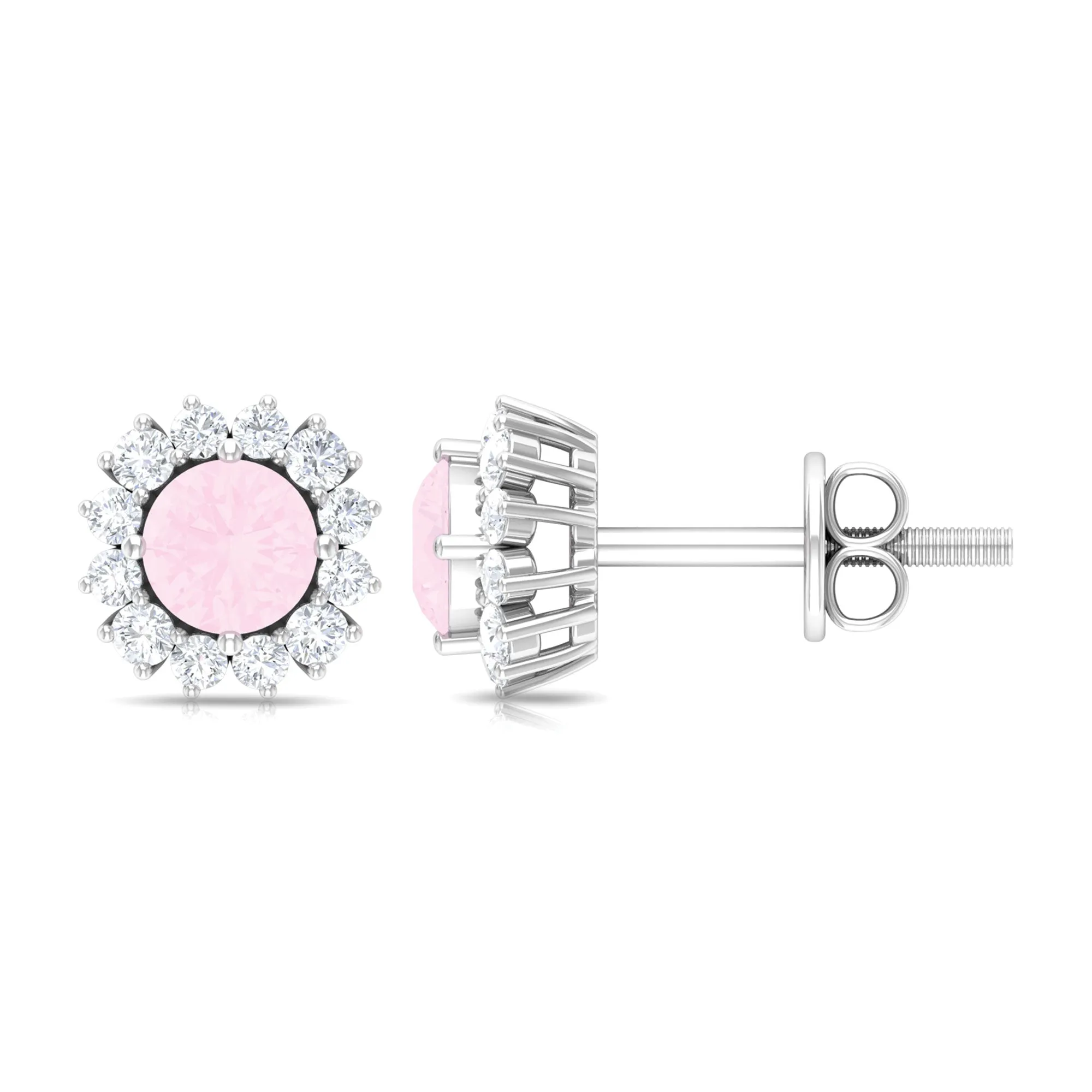 1 CT Classic Rose Quartz and Diamond Halo Stud Earrings