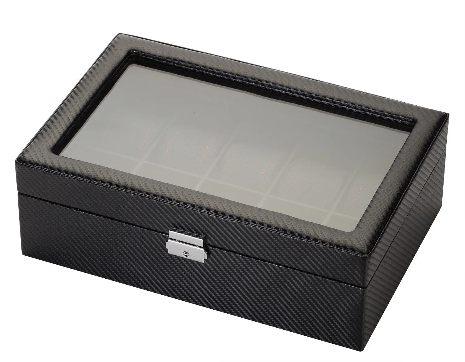 10 Piece Carbon Fiber Watch Box With Red Stitch Trim