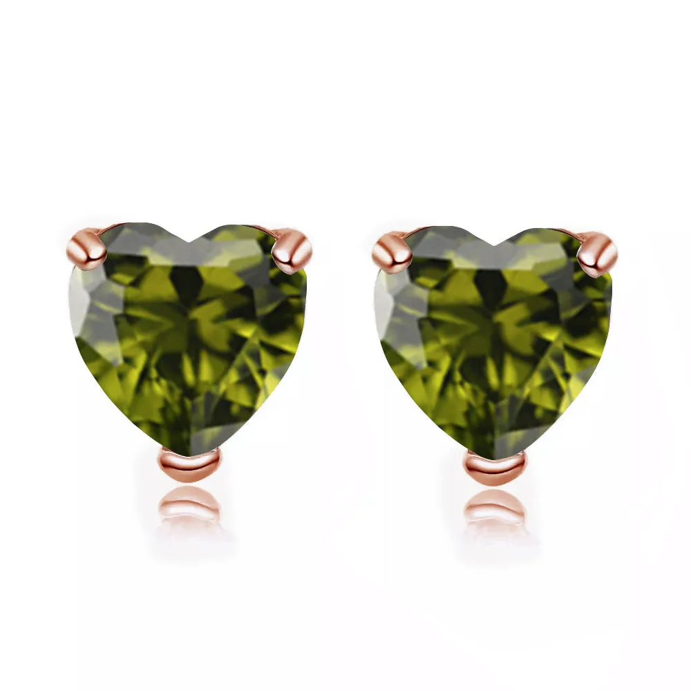 14k Rose Gold Plated 1 Carat Heart Created Peridot Stud Earrings