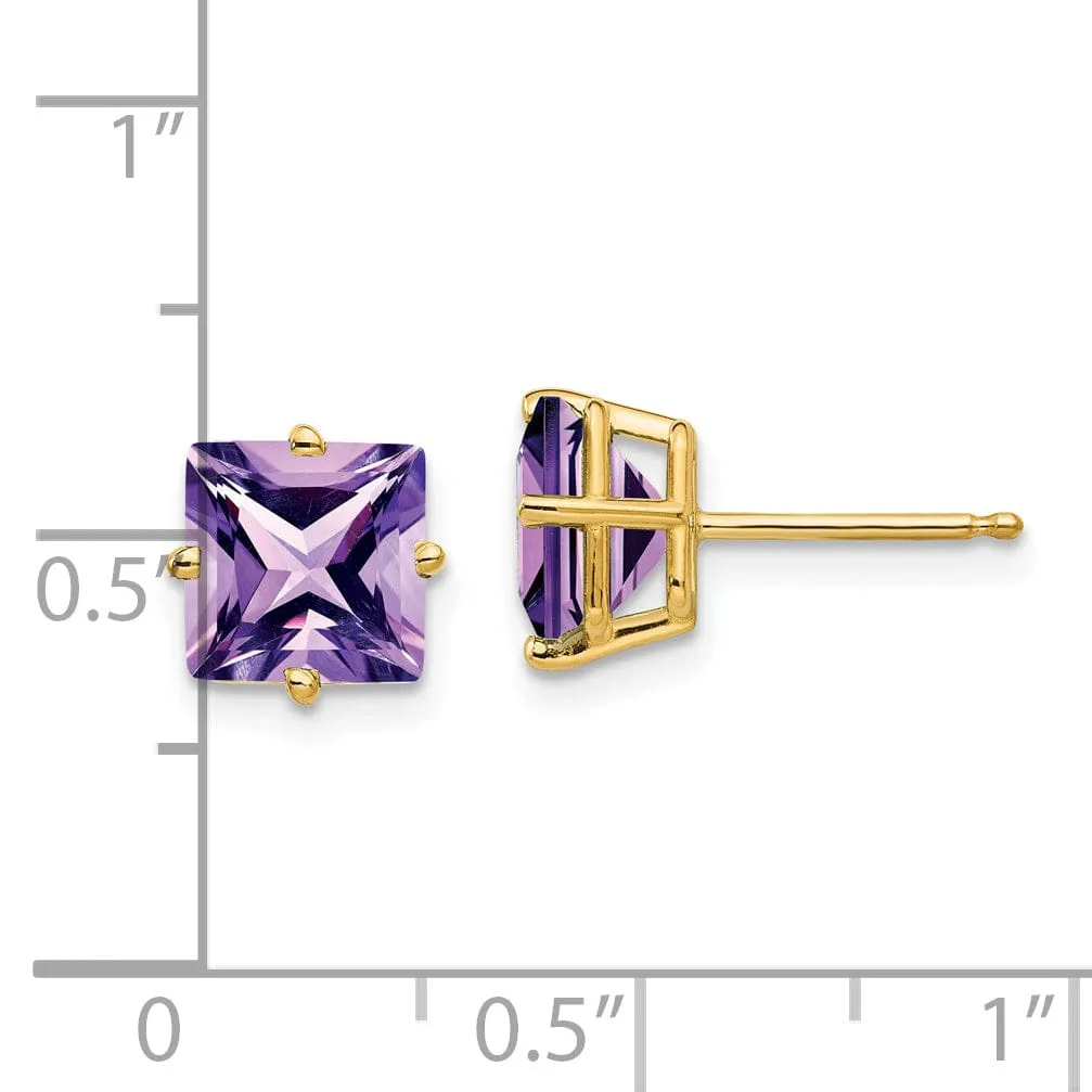 14k Yellow Gold 7MM Princess Cut Amethyst Earring