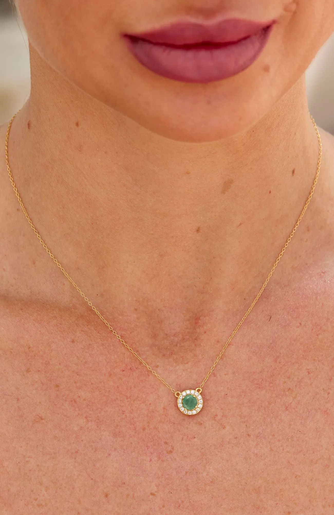 18K GOLD VERMEIL OVER STERLING SILVER NATURAL EMERALD AND WHITE CZ PENDANT NECKLACE
