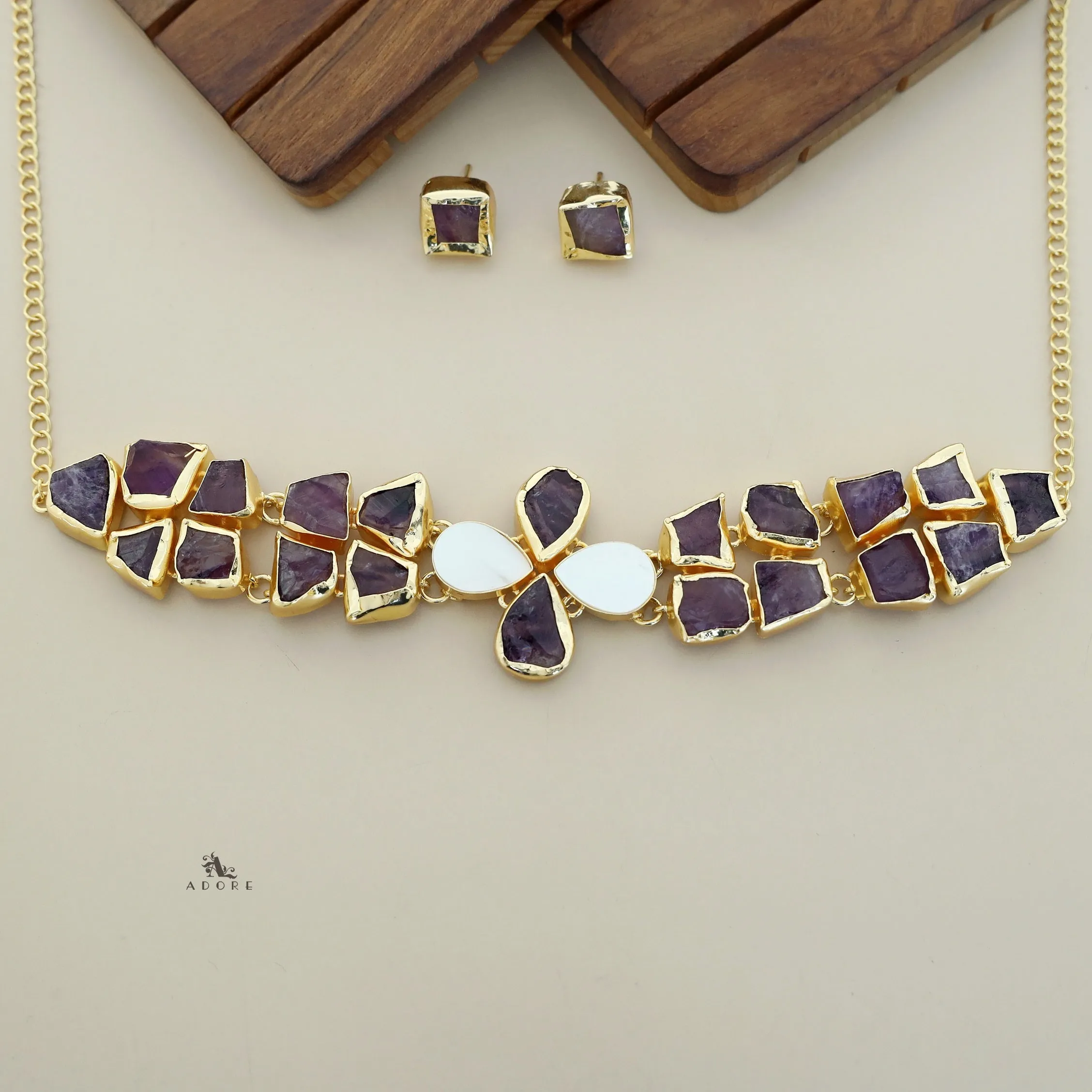 Adina 2 Layer Raw Stone   MOP Choker With Earring