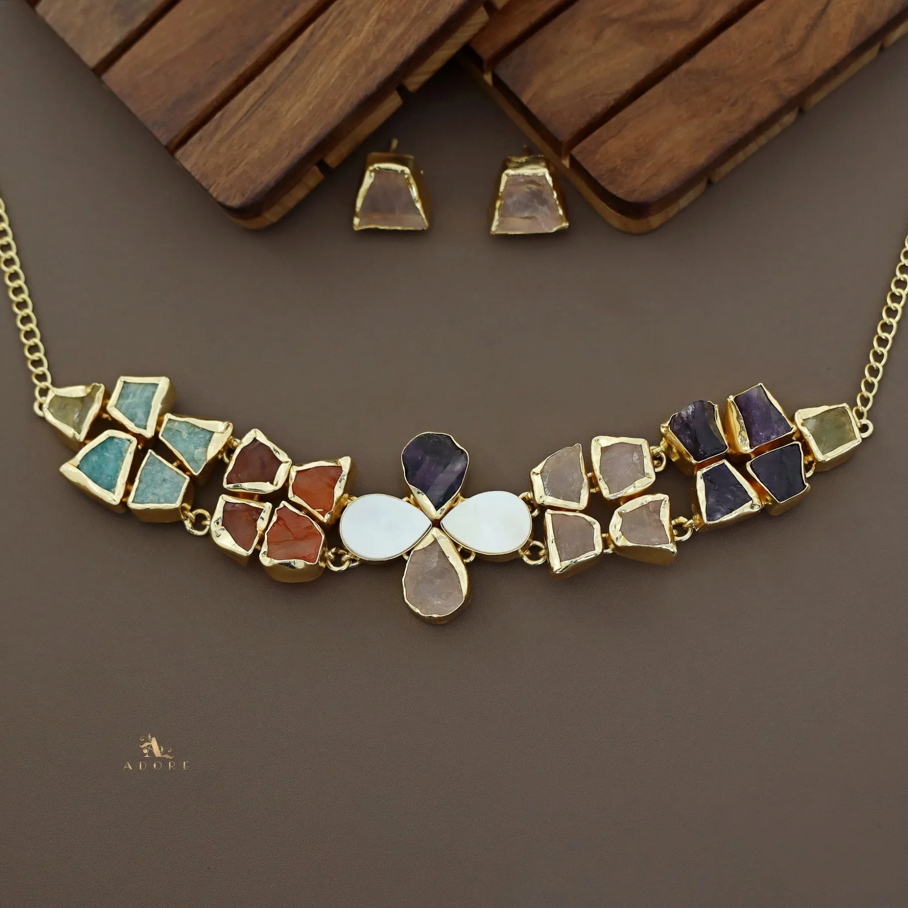 Adina 2 Layer Raw Stone   MOP Choker With Earring