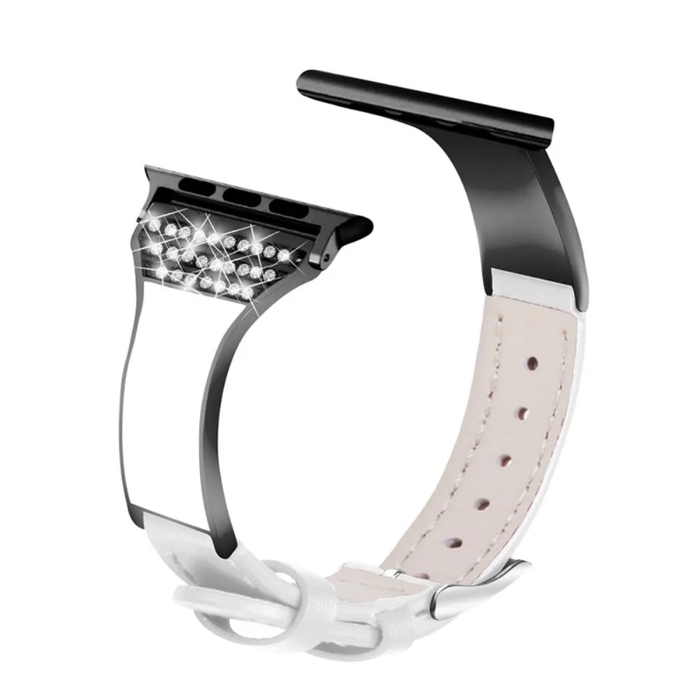 Apple Watch (45mm) rhinestone décor genuine leather watch strap - White