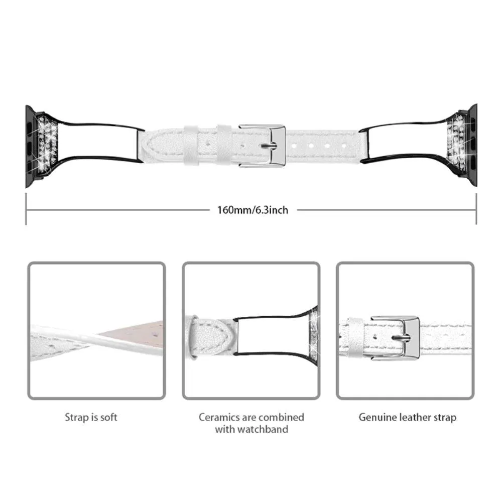 Apple Watch (45mm) rhinestone décor genuine leather watch strap - White