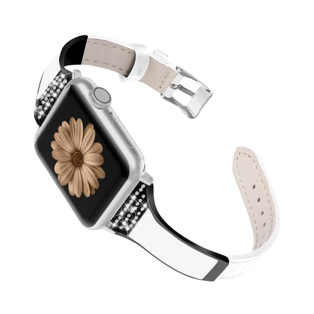 Apple Watch (45mm) rhinestone décor genuine leather watch strap - White