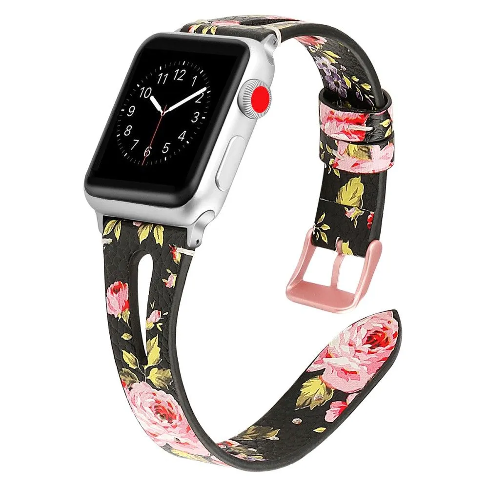 Apple Watch (45mm) top layer cowhide genuine leather watch strap - Pink Flower