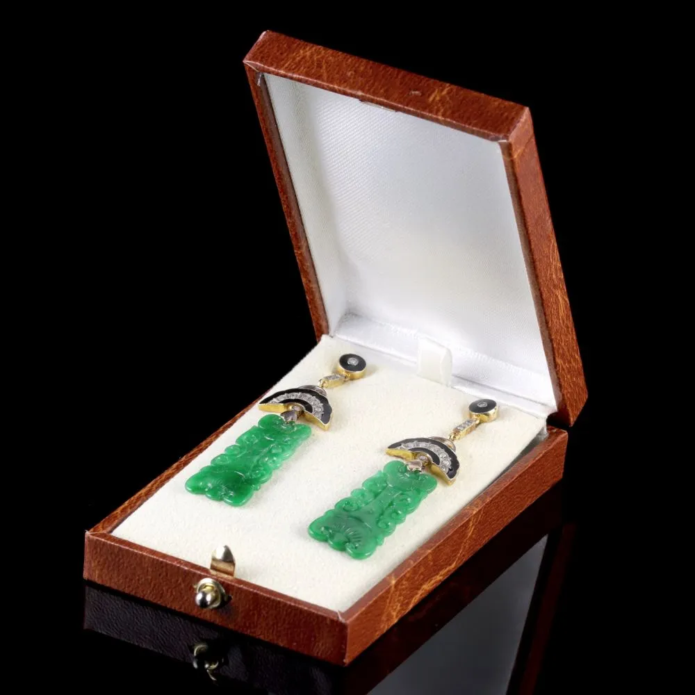 Art Deco Jade Diamond Drop Earrings 18Ct Gold Silver