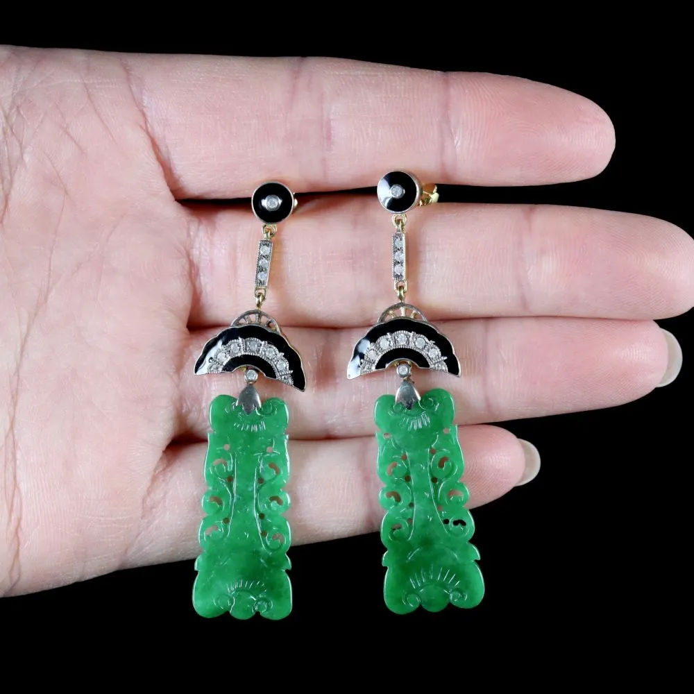 Art Deco Jade Diamond Drop Earrings 18Ct Gold Silver