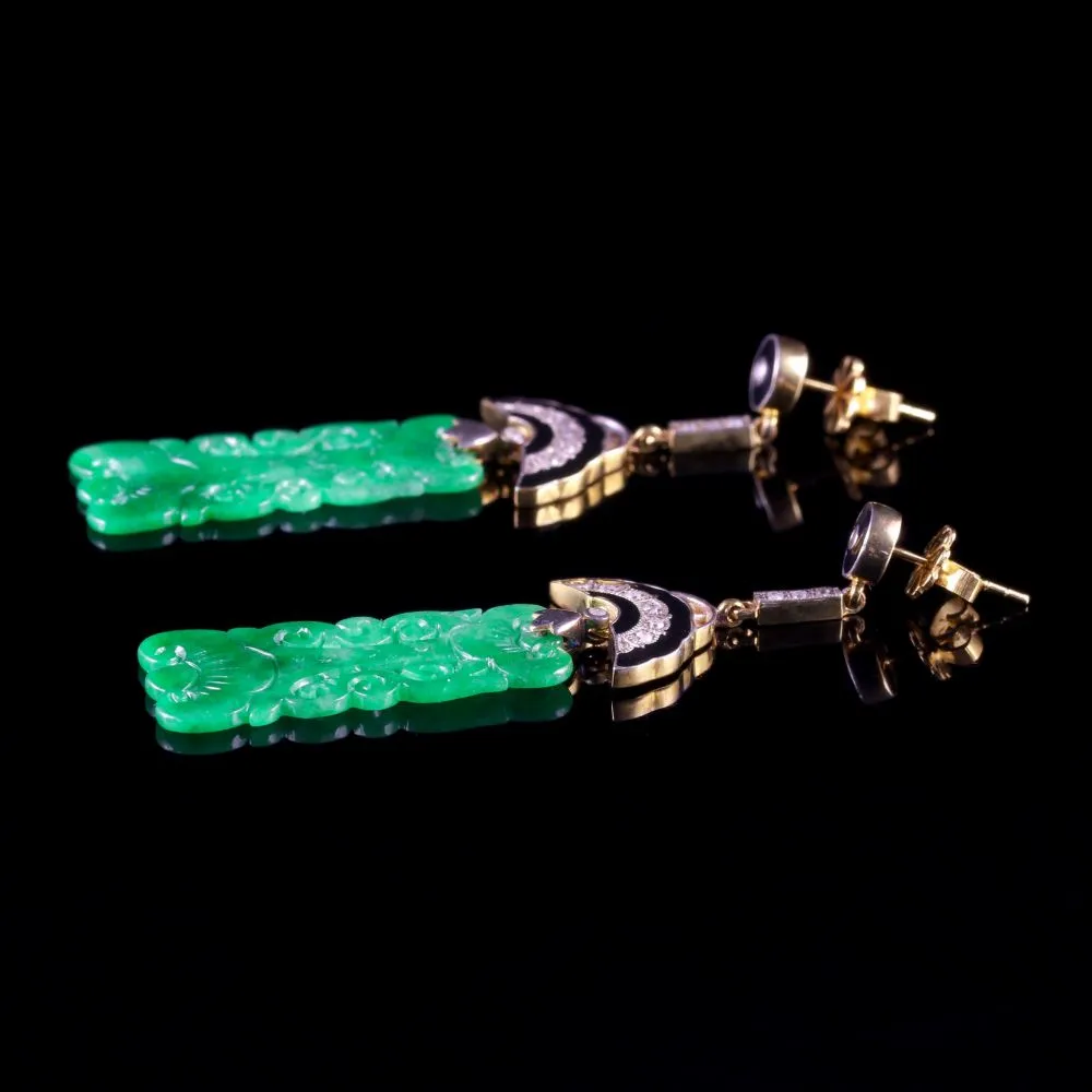 Art Deco Jade Diamond Drop Earrings 18Ct Gold Silver