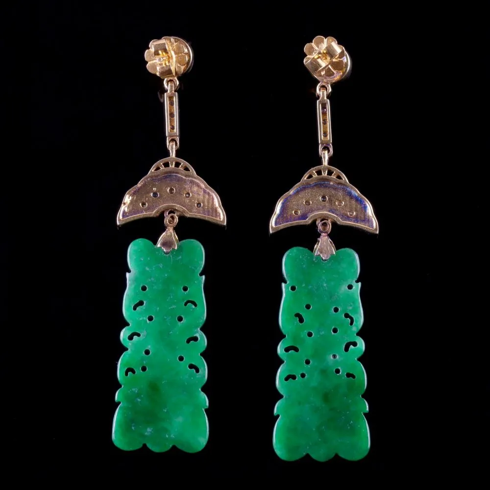Art Deco Jade Diamond Drop Earrings 18Ct Gold Silver