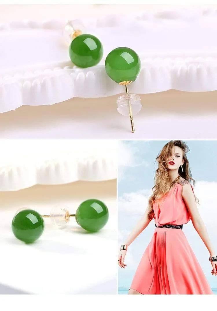 Baikalla™ "Classic Jade Stud" 18K Gold Genuine Nephrite Green Jade Beads (high quality) Earrings