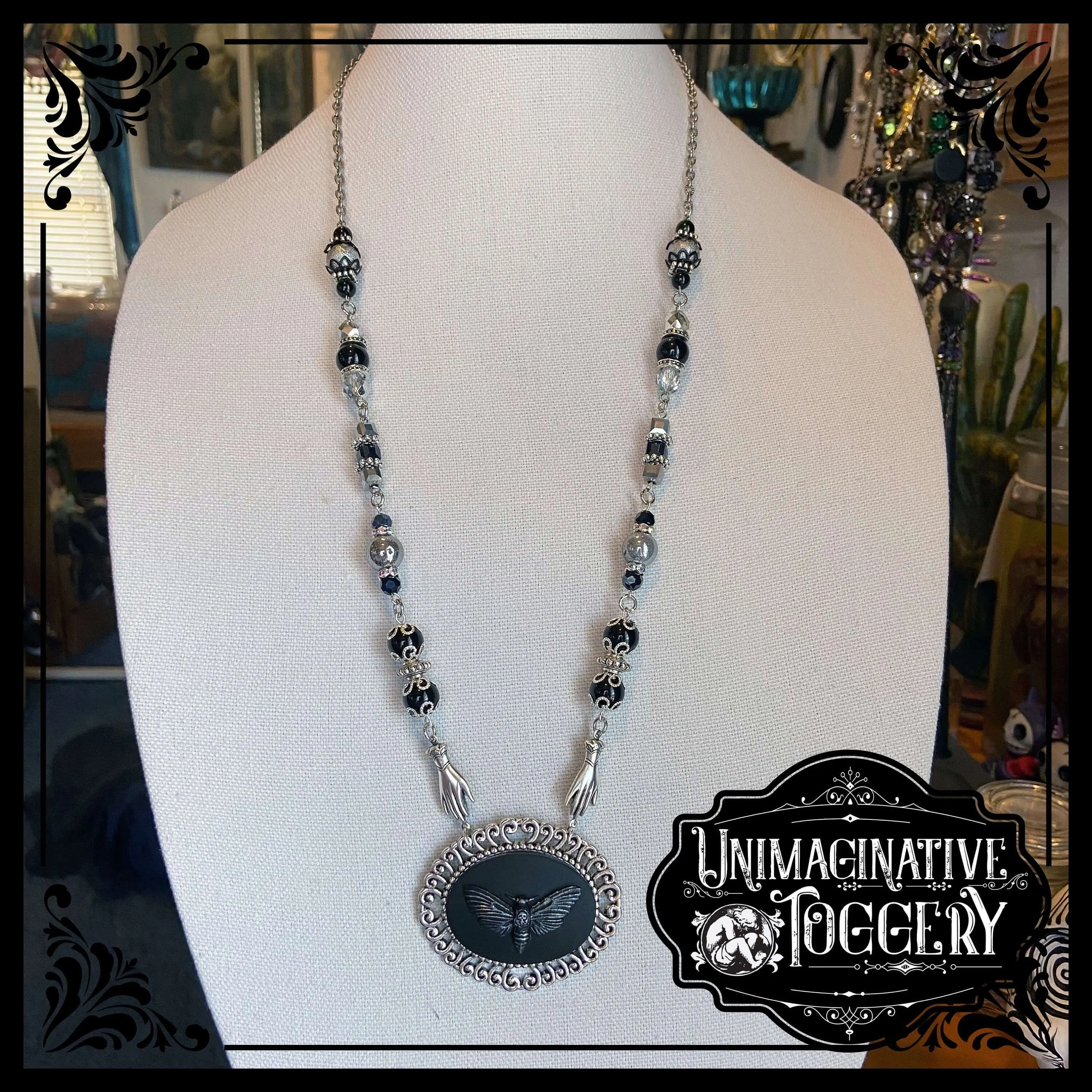 beaded necklace deaths head moth cameo