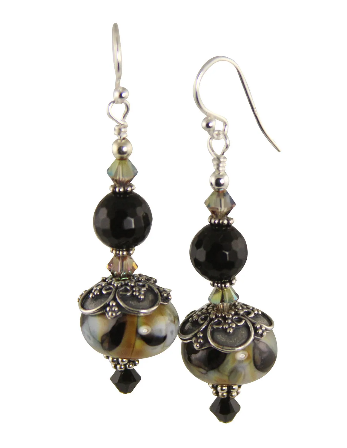 Black Calico Lampwork Bead Earrings