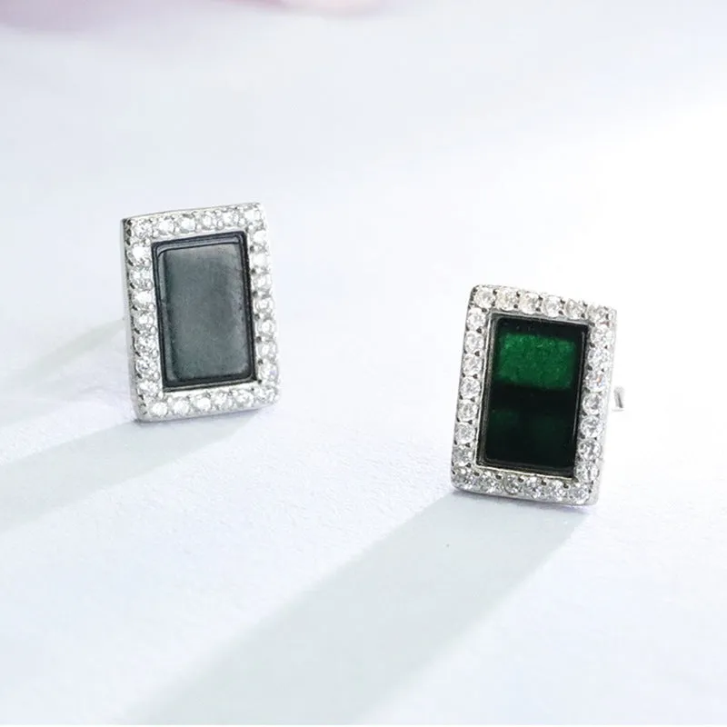 Blackish Green Jade Rectangle Dangle Earrings crafted with S925 Silver