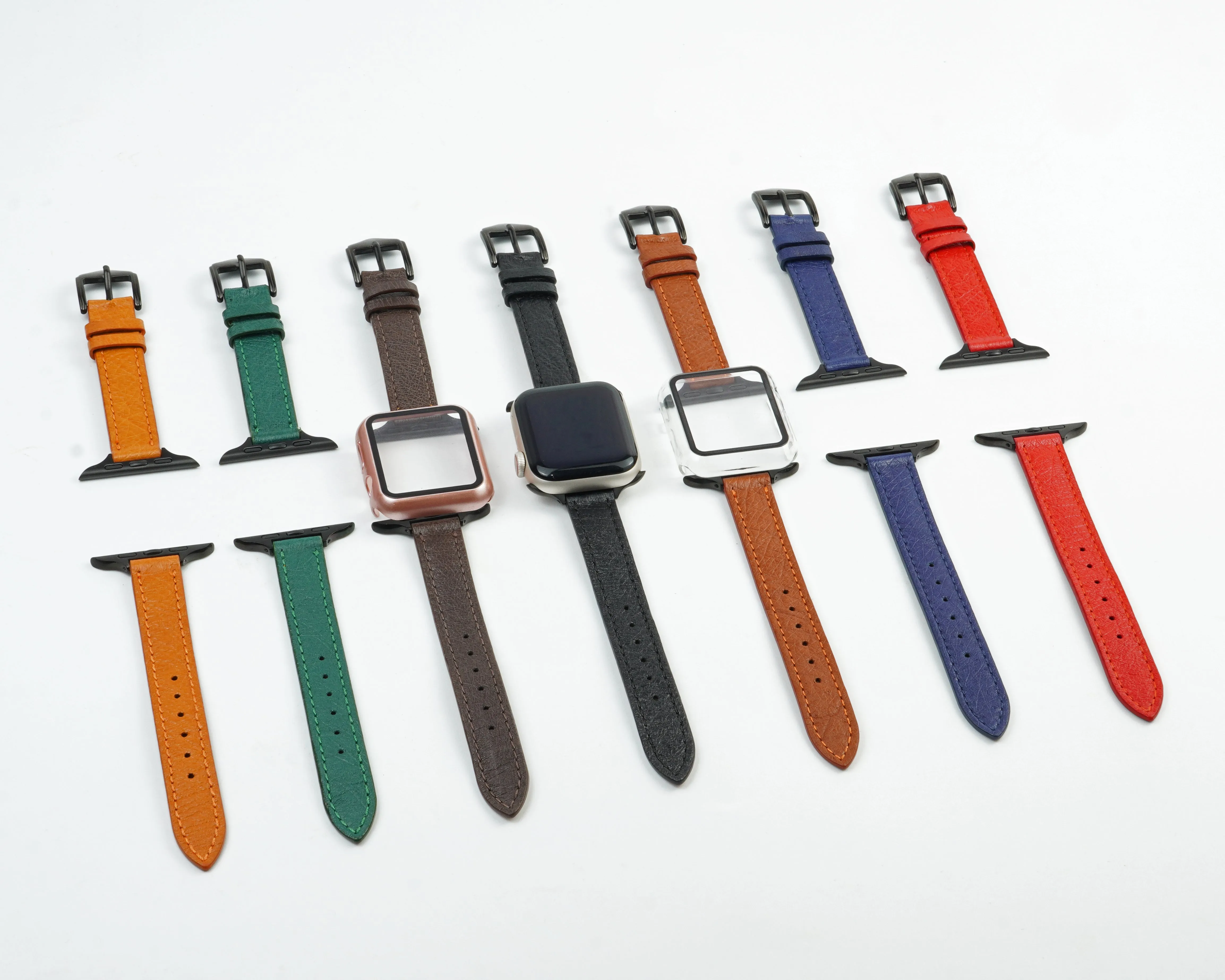 Blue Flat Ostrich Leather Band Compatible Apple Watch Iwatch 44mm Screen Protector Case Black Adapter Replacement Strap For Smartwatch Series 4 5 6 SE Leather Handmade AW-184B-W-44MM