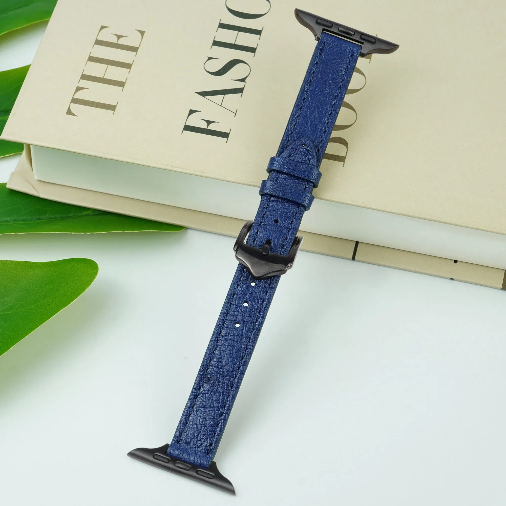 Blue Flat Ostrich Leather Band Compatible Apple Watch Iwatch 44mm Screen Protector Case Black Adapter Replacement Strap For Smartwatch Series 4 5 6 SE Leather Handmade AW-184B-W-44MM