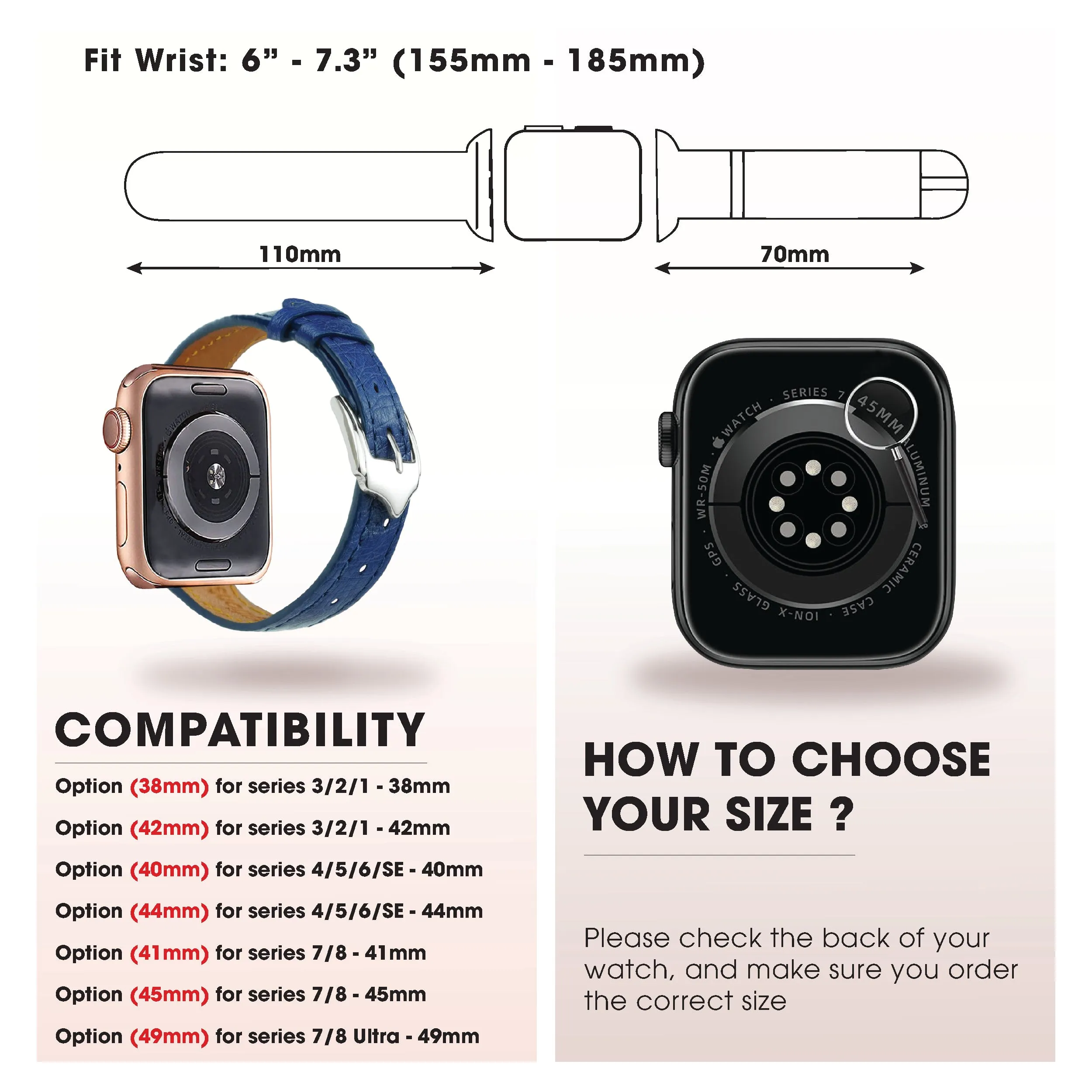 Blue Flat Ostrich Leather Band Compatible Apple Watch Iwatch 44mm Screen Protector Case Black Adapter Replacement Strap For Smartwatch Series 4 5 6 SE Leather Handmade AW-184B-W-44MM