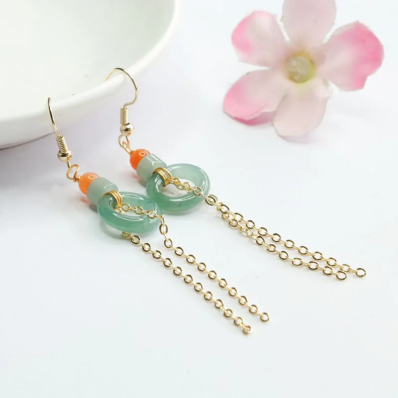 Blue-Green Jade Beaded Tassel Earhook Earrings