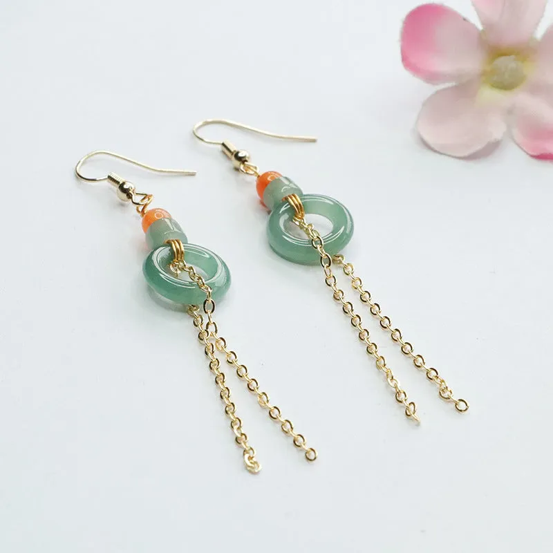 Blue-Green Jade Beaded Tassel Earhook Earrings