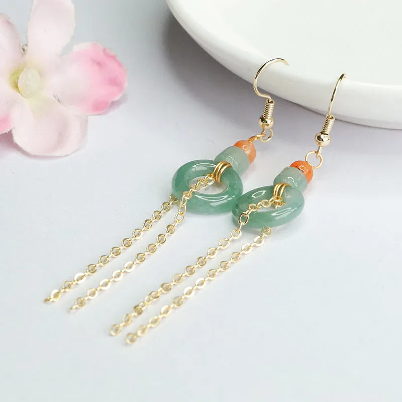 Blue-Green Jade Beaded Tassel Earhook Earrings