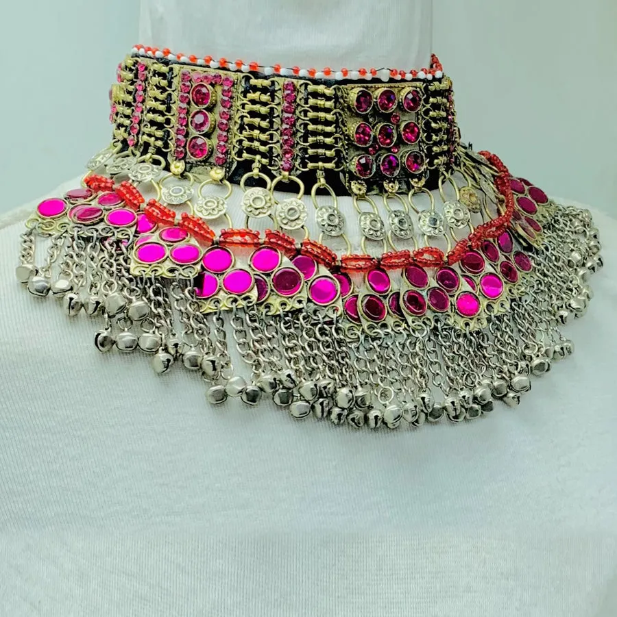 Boho Pink Glass Stone Choker Necklace With Bells