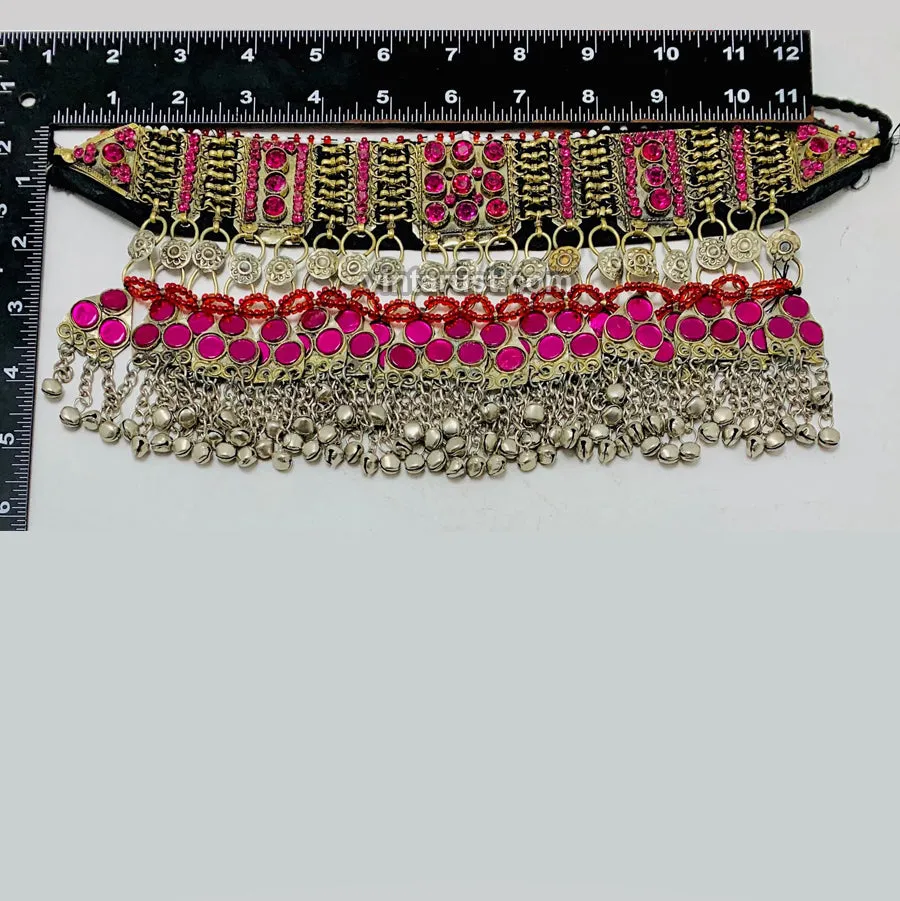 Boho Pink Glass Stone Choker Necklace With Bells