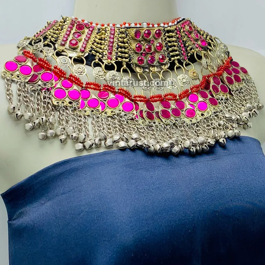 Boho Pink Glass Stone Choker Necklace With Bells