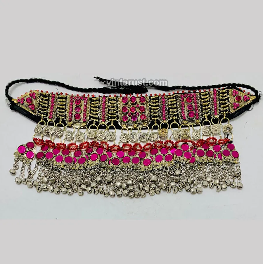 Boho Pink Glass Stone Choker Necklace With Bells
