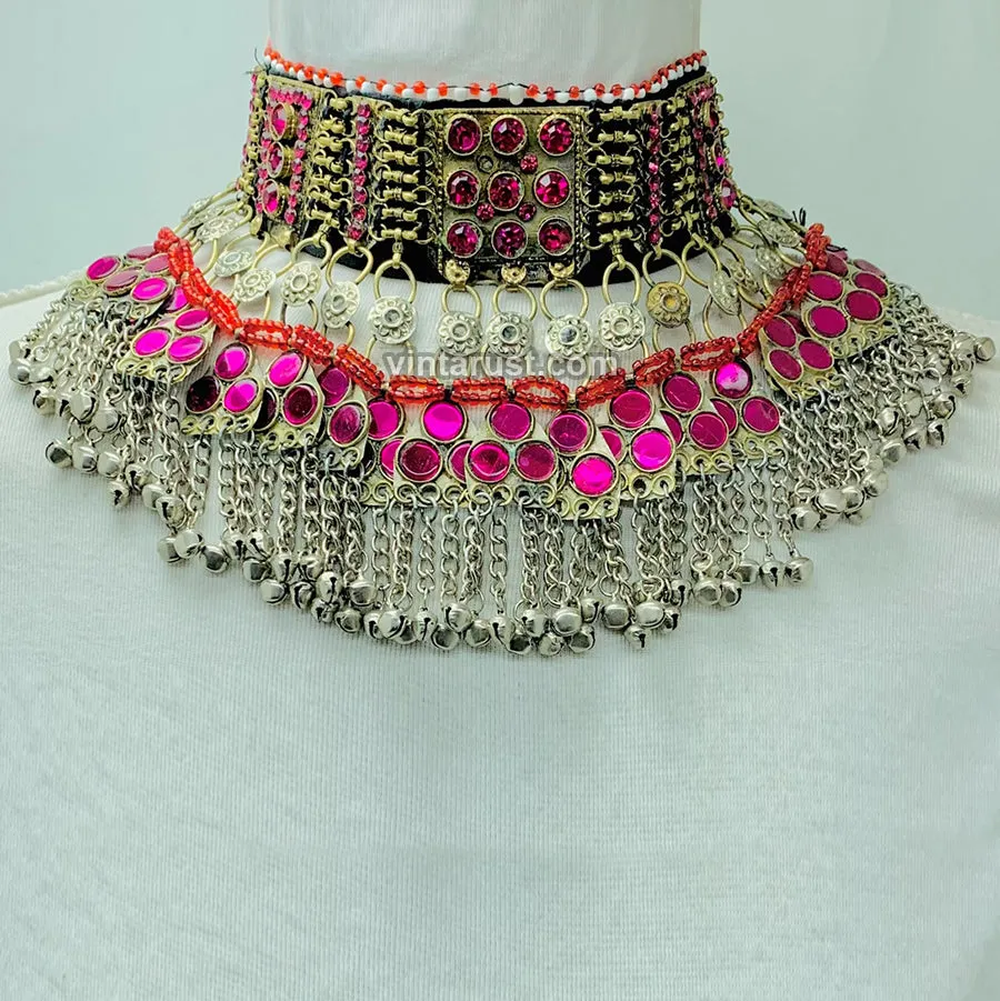 Boho Pink Glass Stone Choker Necklace With Bells