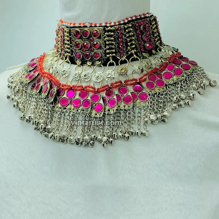 Boho Pink Glass Stone Choker Necklace With Bells