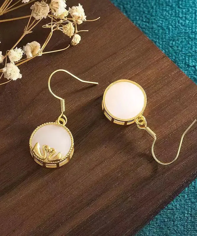 Boutique Gold Sterling Silver Overgild Jade Tundra Swan Drop Earrings LY8547