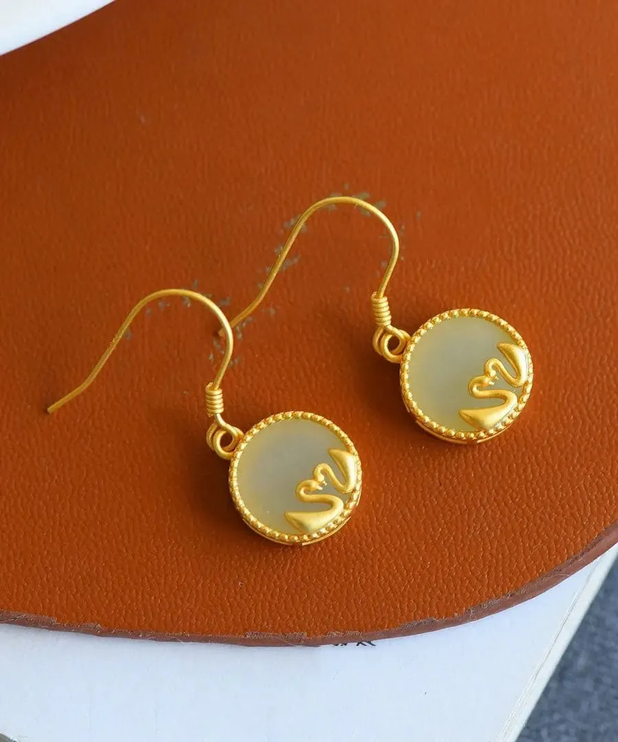 Boutique Gold Sterling Silver Overgild Jade Tundra Swan Drop Earrings LY8547