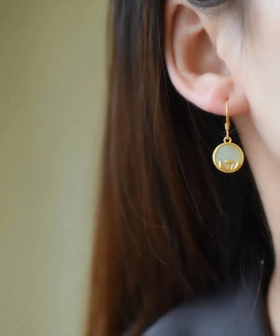 Boutique Gold Sterling Silver Overgild Jade Tundra Swan Drop Earrings LY8547