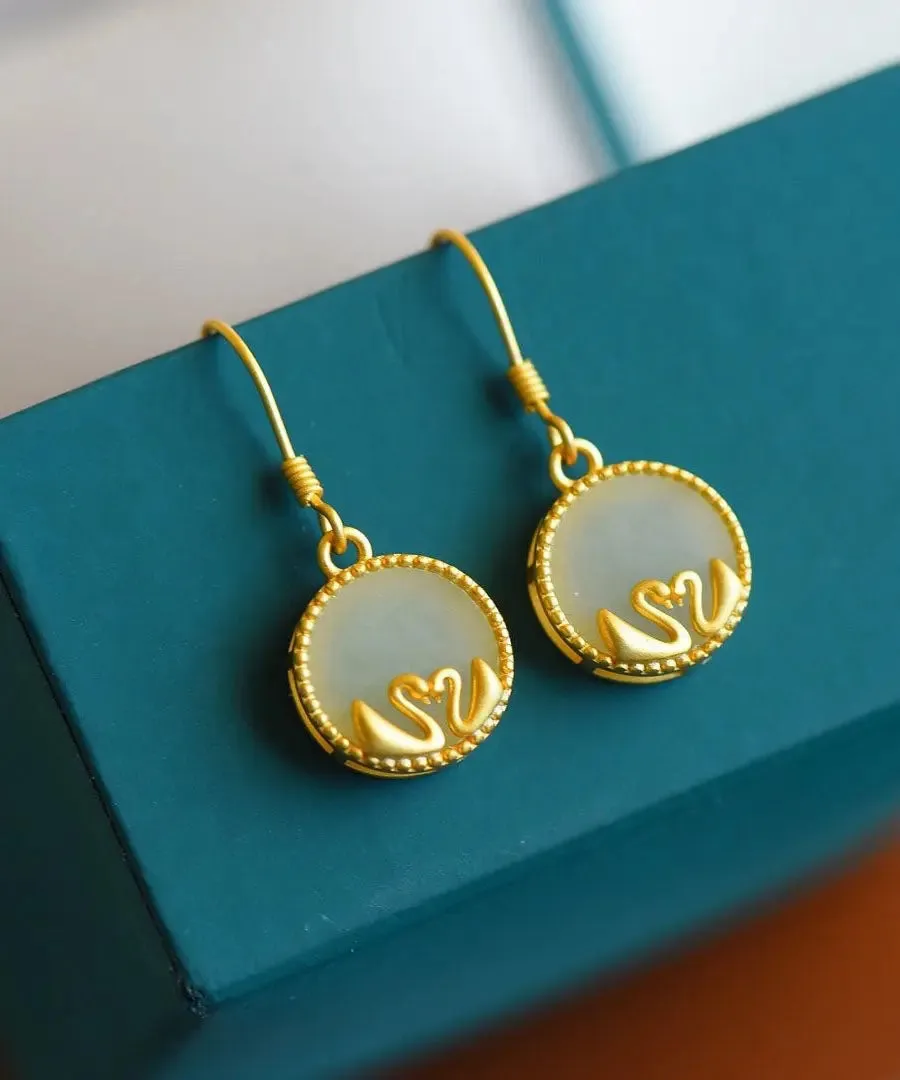 Boutique Gold Sterling Silver Overgild Jade Tundra Swan Drop Earrings LY8547