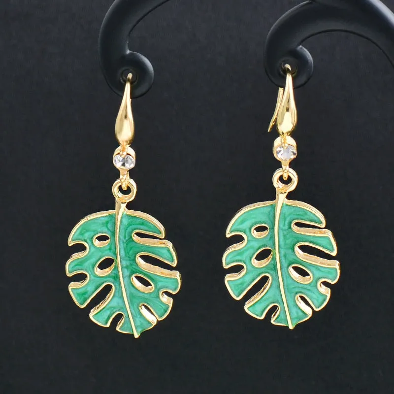 Charm White Black Enamel Gold Leaf Drop Earrings Fashion Jewelry