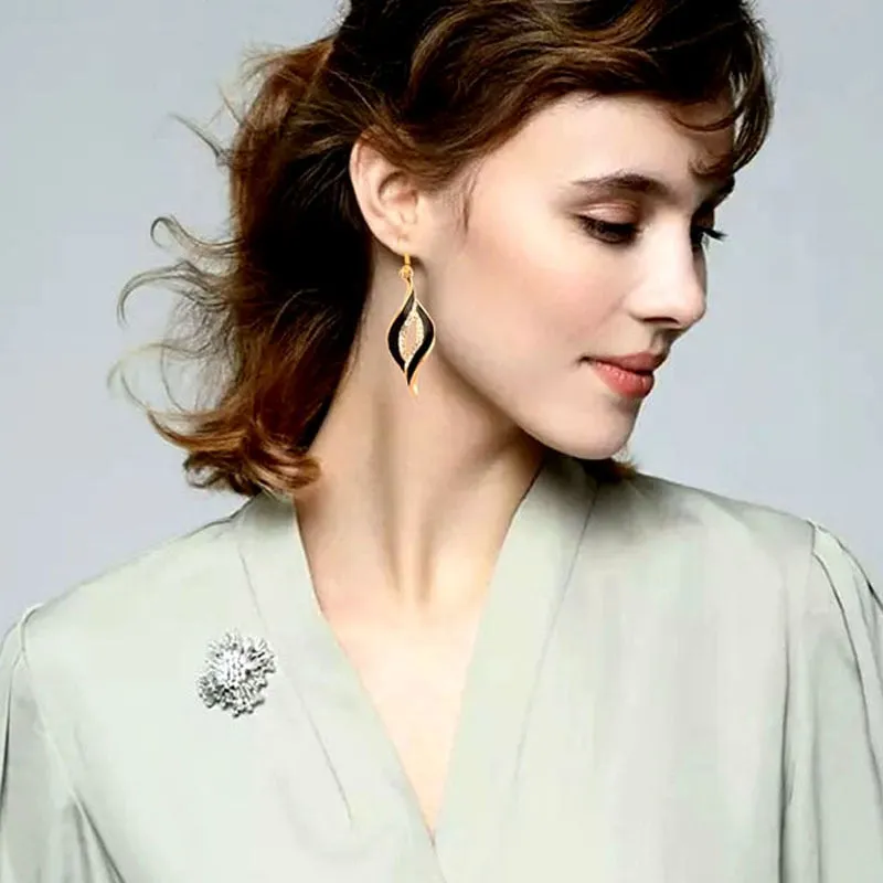Charm White Black Enamel Gold Leaf Drop Earrings Fashion Jewelry