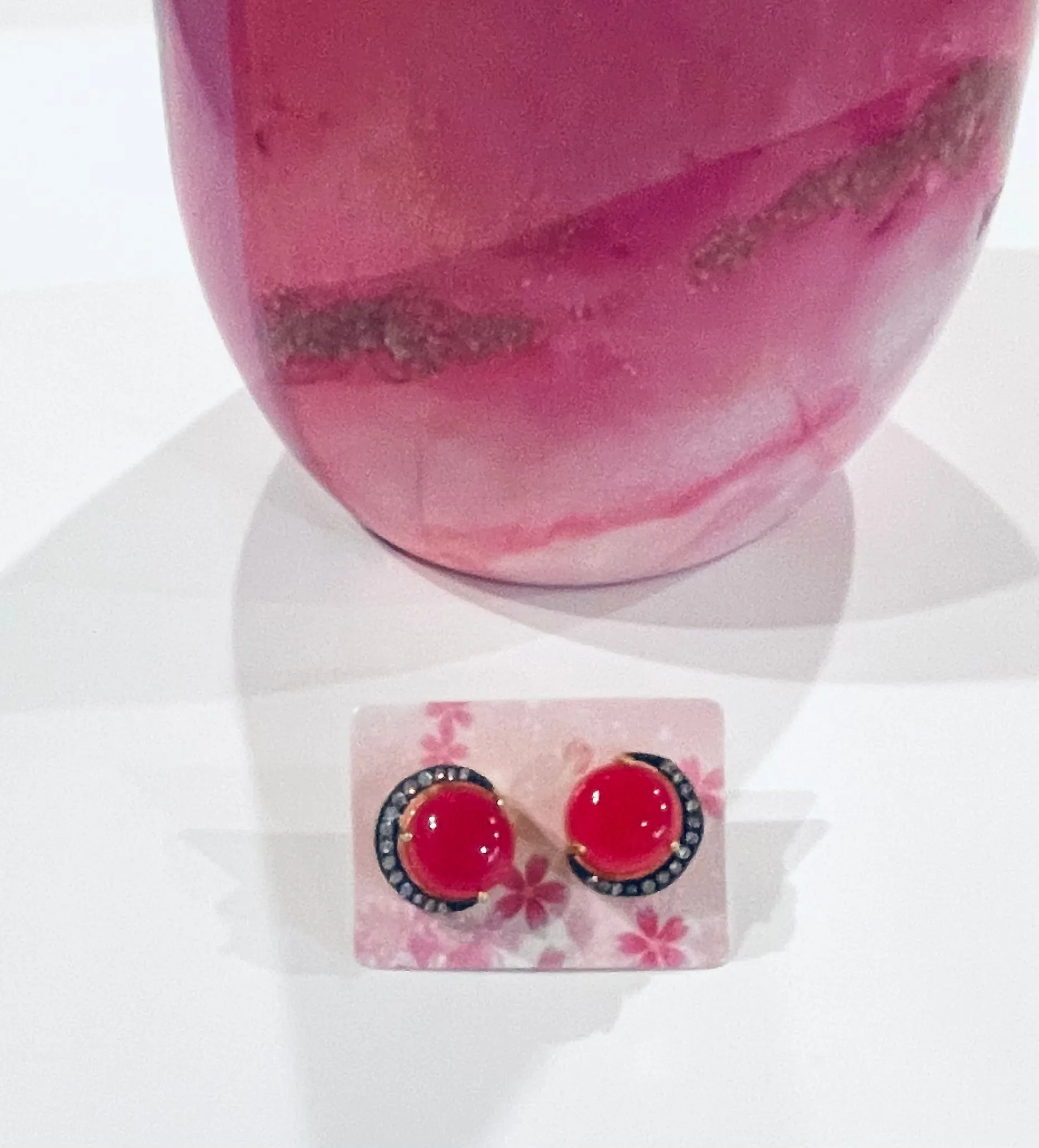 Crescent Moon Pink Rose Chalcedony Gold and Rhodium Stud Earrings