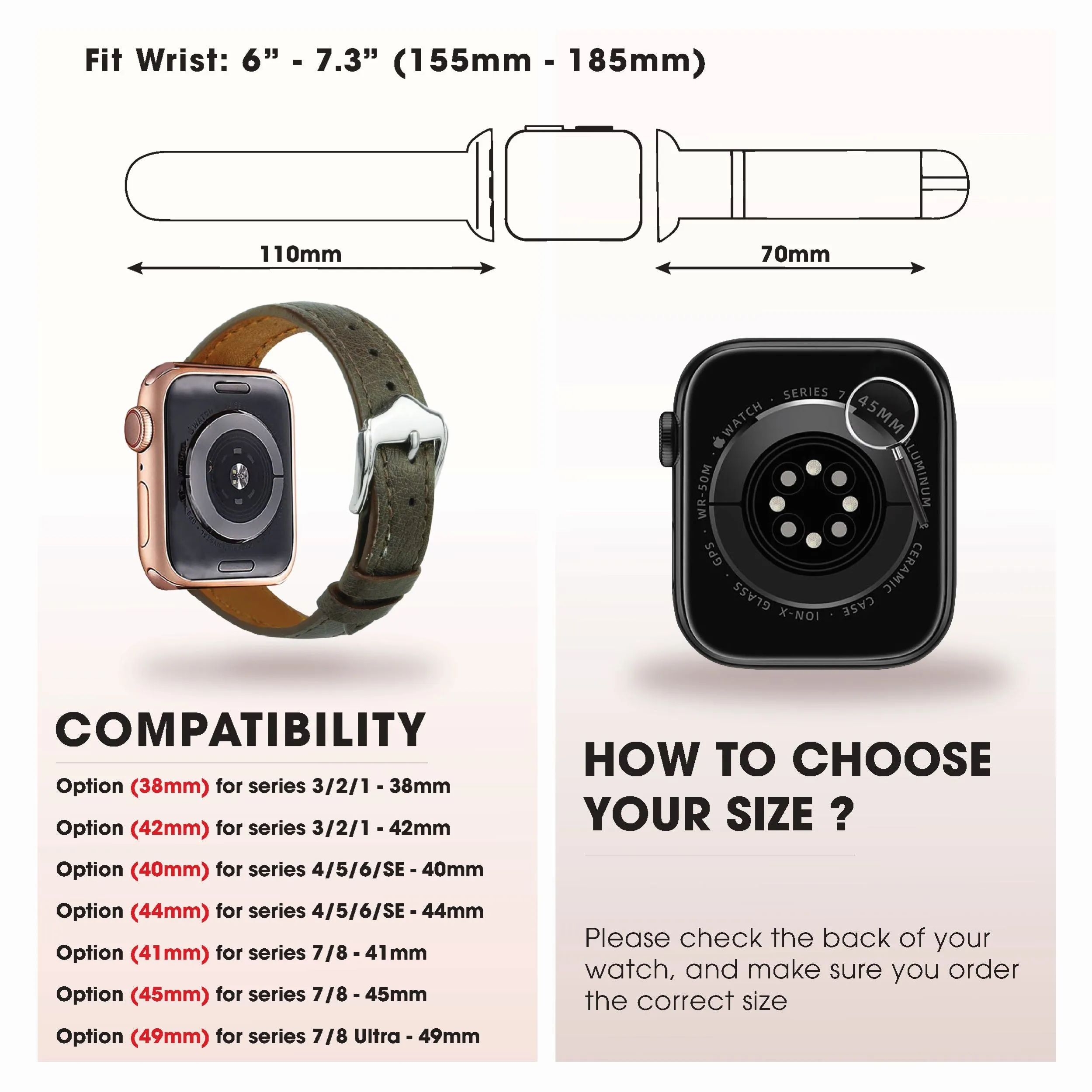 Dark Brown Flat Ostrich Leather Band Compatible Apple Watch Iwatch 41mm Screen Protector Case Black Adapter Replacement Strap For Smartwatch Series 7 8 Leather Handmade AW-183B-W-41MM