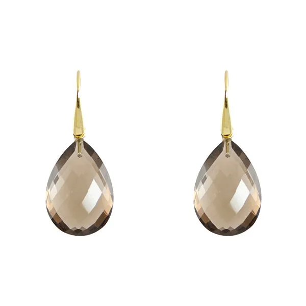 Earrings - Drop Almond Shape Smokey Quartz & Gold Plated Sterling Silver