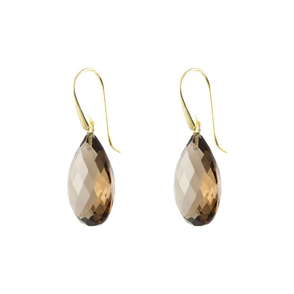 Earrings - Drop Almond Shape Smokey Quartz & Gold Plated Sterling Silver