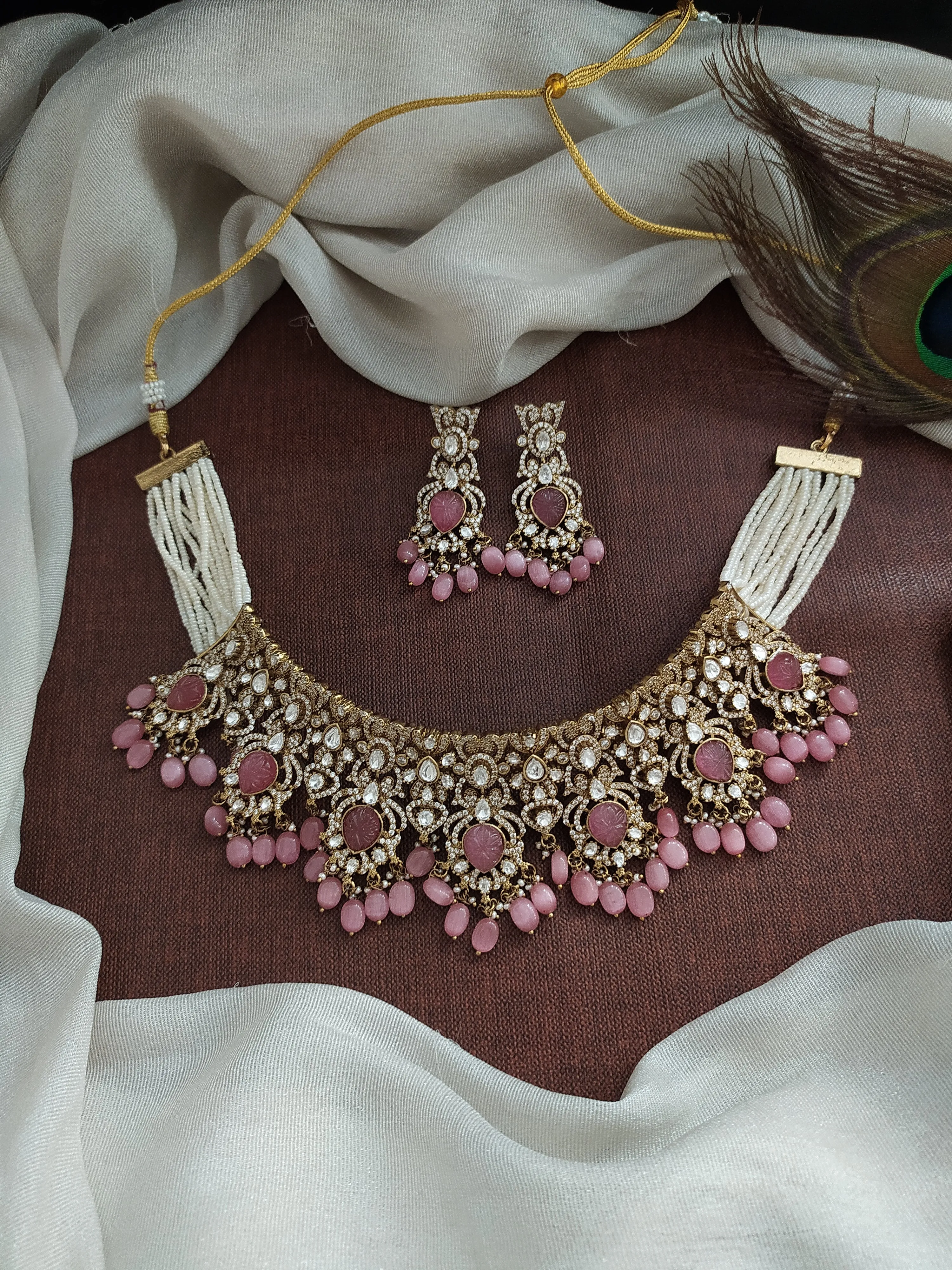 Elegant Moissanite and Kundan Choker with Side Pearls and Bead Drops in Various Colors