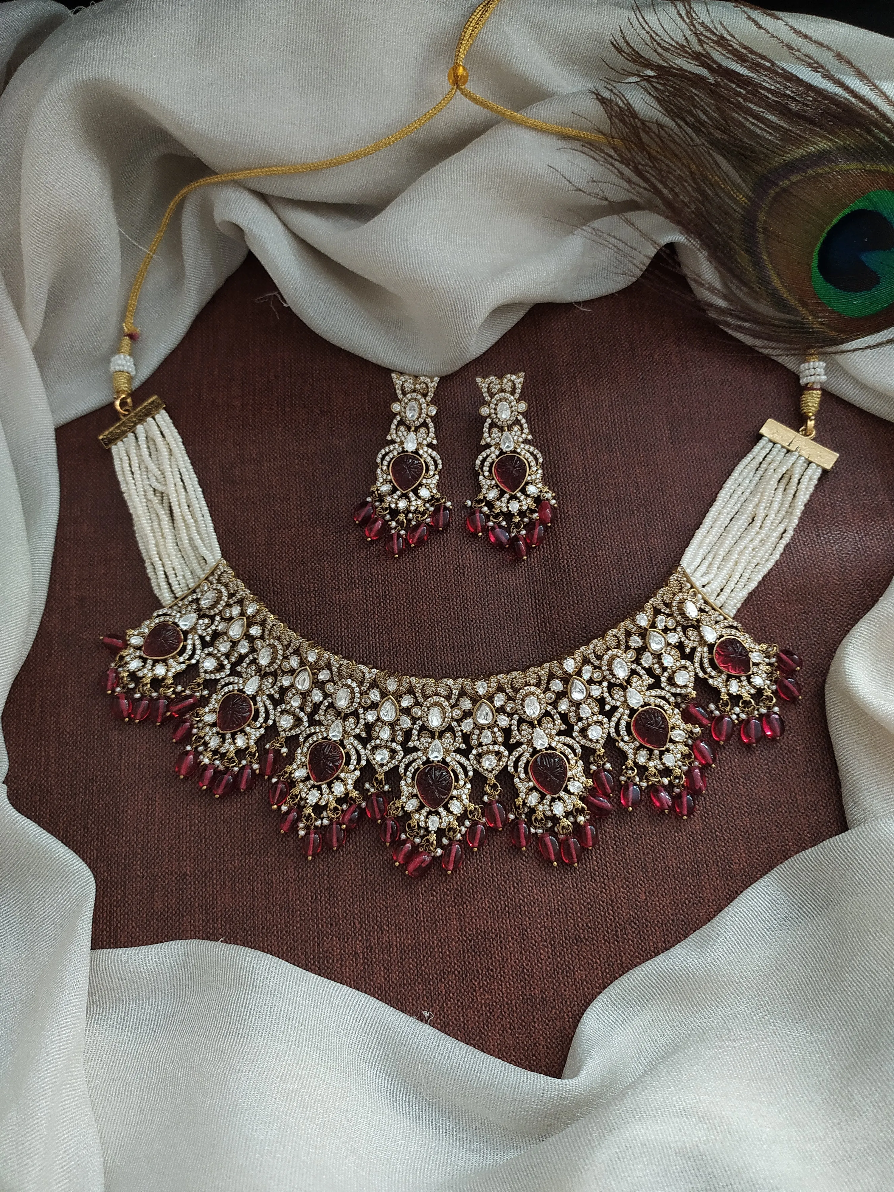 Elegant Moissanite and Kundan Choker with Side Pearls and Bead Drops in Various Colors