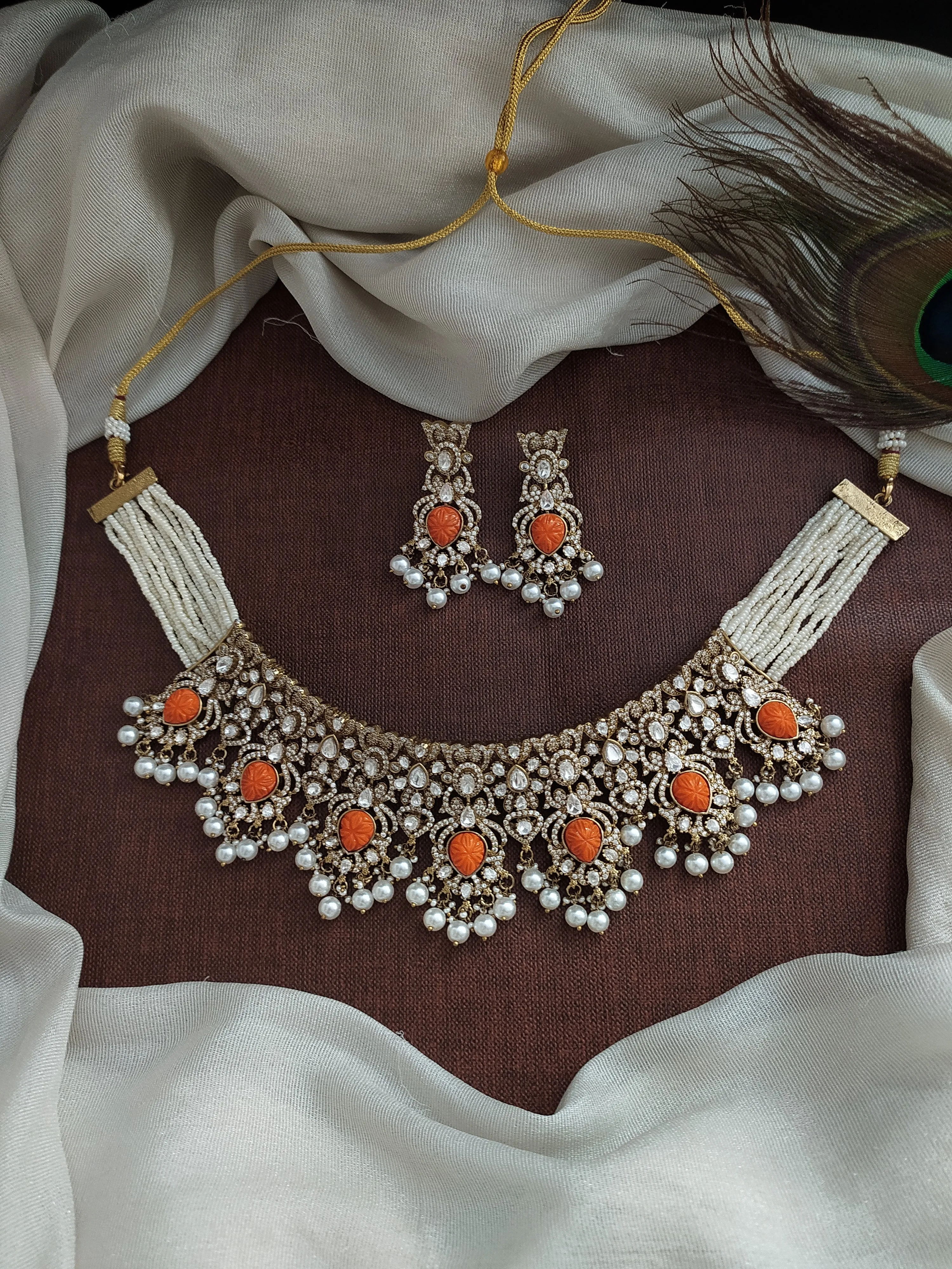 Elegant Moissanite and Kundan Choker with Side Pearls and Bead Drops in Various Colors