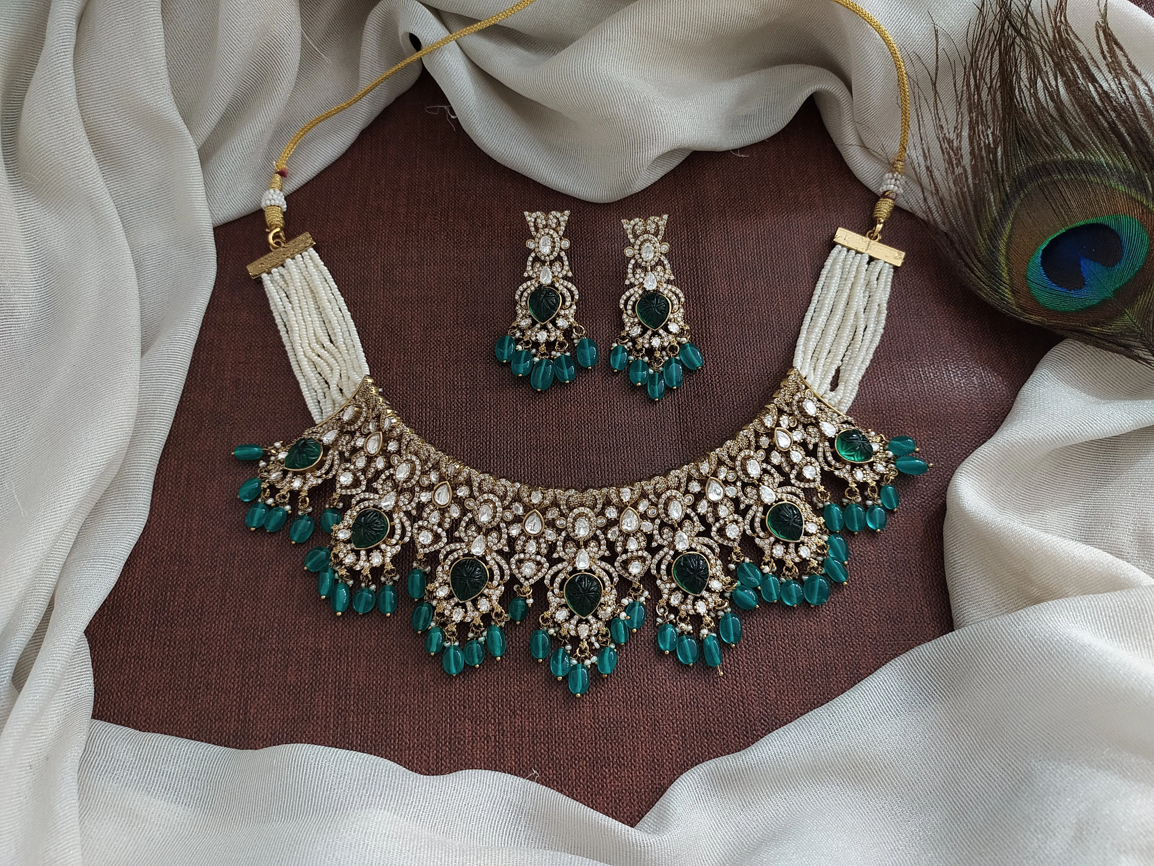 Elegant Moissanite and Kundan Choker with Side Pearls and Bead Drops in Various Colors