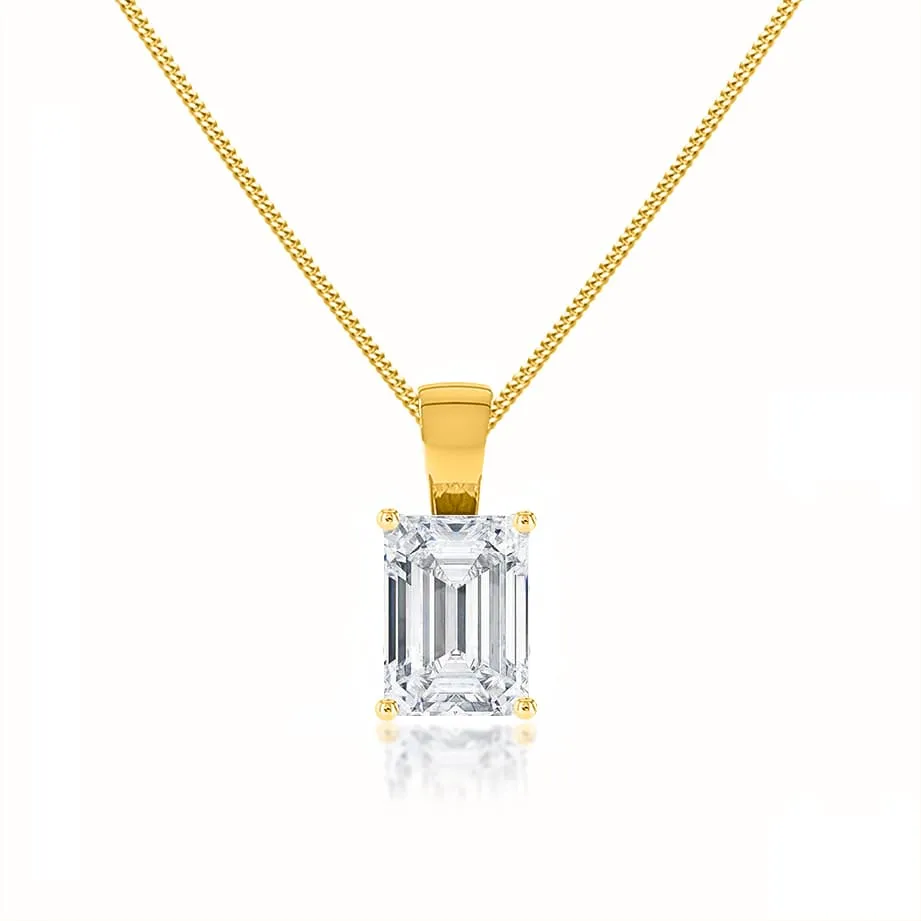 ELIZA - Emerald Cut Moissanite 4 Claw Drop Pendant 18k Yellow Gold