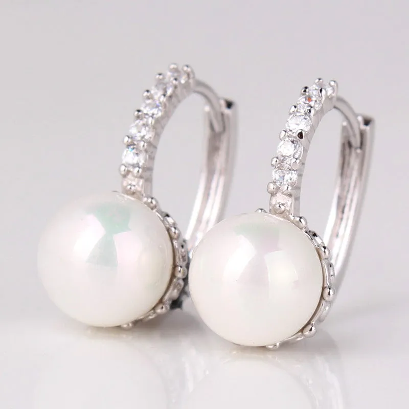 Fashion Round Ball Crystal Zirconia Jewelry 18K Gold Plated Hoop Earrings White/Gray Pearl Wedding Earring for Women