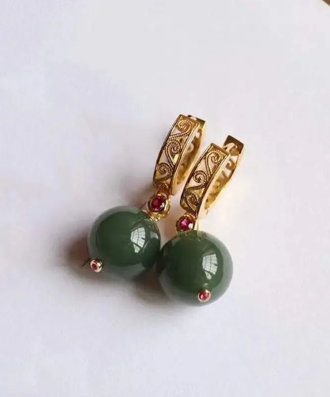 Fine Dark Green Sterling Silver Overgild Jade Drop Earrings LY8612